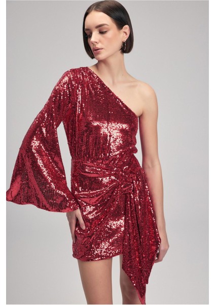 Tek Kollu Payet Elbise Kirmizi 12443234001