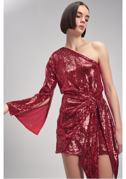 Tek Kollu Payet Elbise Kirmizi 12443234001 fırsatları