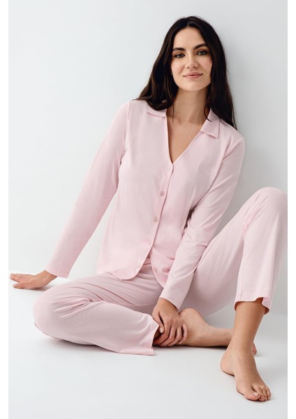 Kadın V Yaka Gömlek Pijama Takım, Mevsimlik Pijama Takım%50 Modal %50 Pamuklu