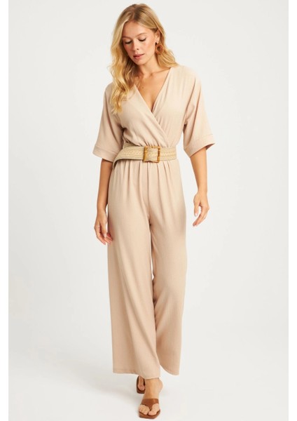 Kadın Vanilya Kruvaze Kemerli Bürümcük Tulum XL2009 fırsatları