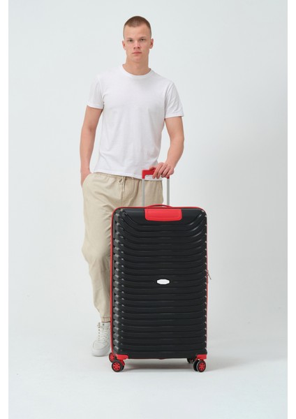 Unisex Siyah Kırmızı Büyük Boy Silikon Kırılmaz Pp Valiz