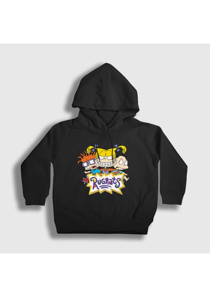 Unisex Çocuk Siyah Chuckie Angelica Tommy Rugrats Kapüşonlu Sweatshirt
