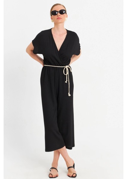 Kadın Siyah Kruvaze Bürümcük Tulum OR10007