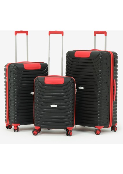 Unisex Siyah Kırmızı 3'lü Set Silikon Kırılmaz Pp Valiz