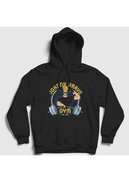 Unisex Siyah Gym Fitness Johnny Bravo Kapüşonlu Sweatshirt