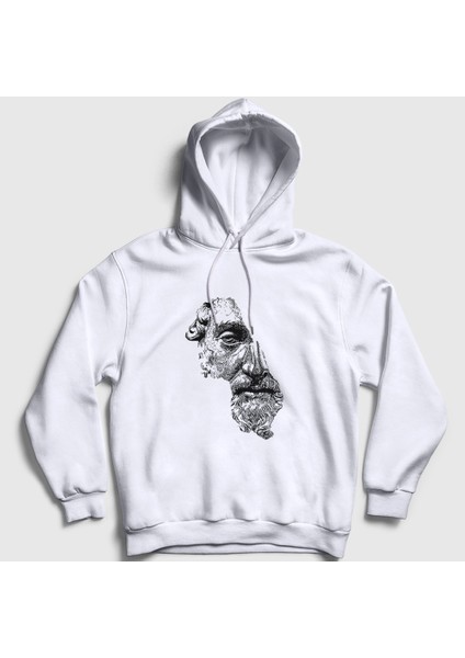 Unisex Beyaz Half Face Bust Marcus Aurelius Kapüşonlu Sweatshirt