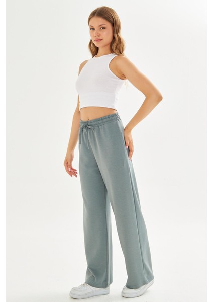 Kadın Modal Kumaş Rahat Kalıp Geniş Paça Eşofman Altı Yeşil 8101-Y