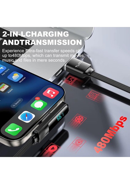 66W Hızlı Şarj Kablosu – LED Ekranlı Type-C To USB Data Vertical Yatay Kablo 130CM modelleri