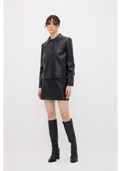 Bebe Yaka Deri Ceket Siyah 11944319000 fırsatları