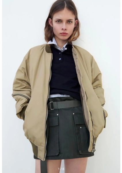 Zara Oversize Fermuar Detaylı Dolgulu Bomber Mont ABZRA0059