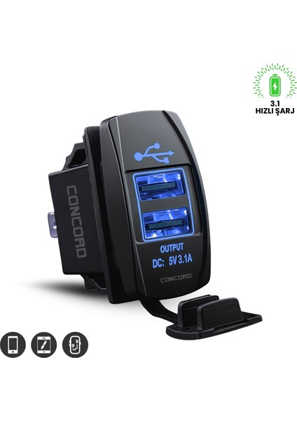 Ch-22 3.1A Çift USB 12-24V Marin Gömme Tip Araç Şarj Soketi