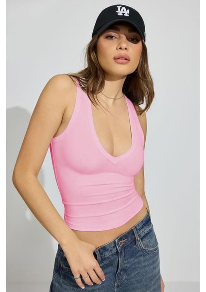 Pembe Derin V Yaka %100 Pamuklu Basic Kadın Atlet MG2405