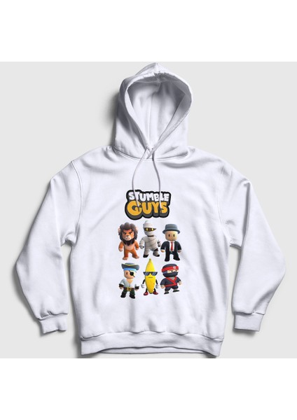 Unisex Beyaz Poster Stumble Guys Kapüşonlu Sweatshirt
