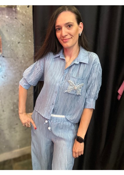 Mavi Saten Gofre Şık Takım