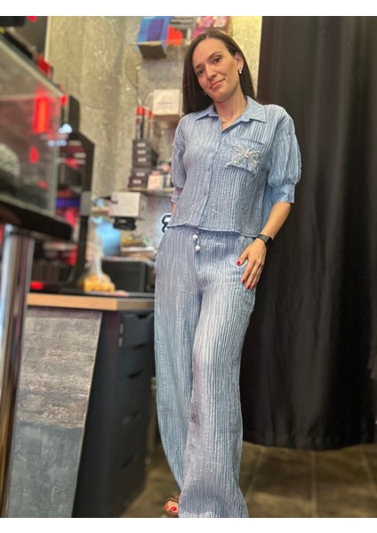 Mavi Saten Gofre Şık Takım fiyatları