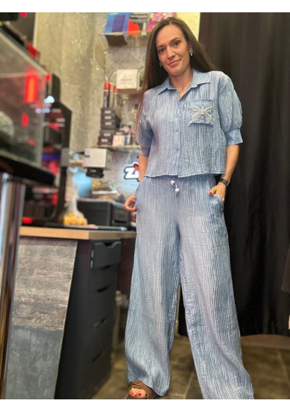 Mavi Saten Gofre Şık Takım modelleri