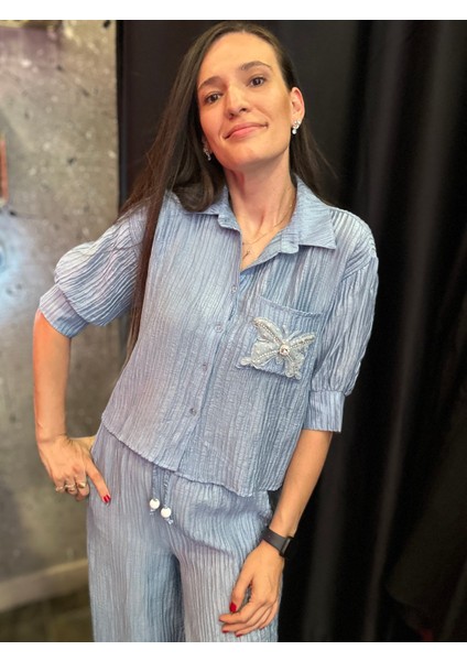 Mavi Saten Gofre Şık Takım fırsatları