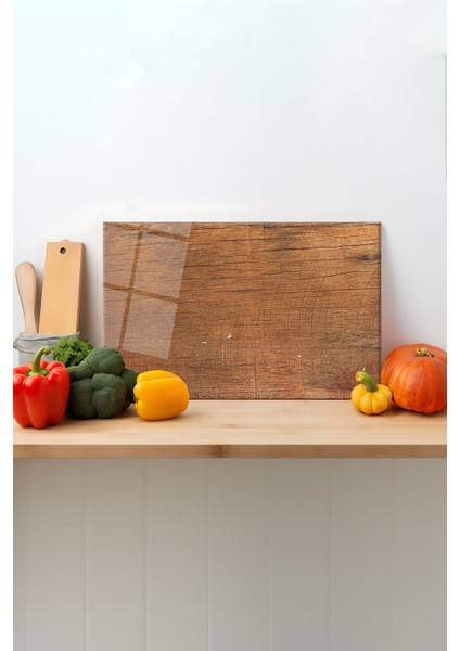 Ahşap Desenli Cam Kesme Tahtası, Silikon Ayaklı, Sunum Kesim Doğrama Tablası, Temperli ve Rodajlı