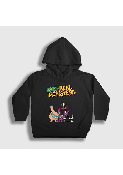 Unisex Çocuk Siyah Poster Real Monsters Kapüşonlu Sweatshirt