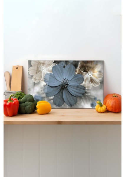 Mavi Rüya Çiçek Cam Kesme Tahtası, Silikon Ayaklı, Sunum Kesim Doğrama Tablası, Temperli ve Rodajlı