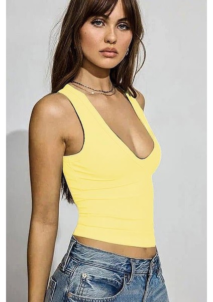 Sarı Derin V Yaka %100 Pamuklu Basic Kadın Atlet MG2405