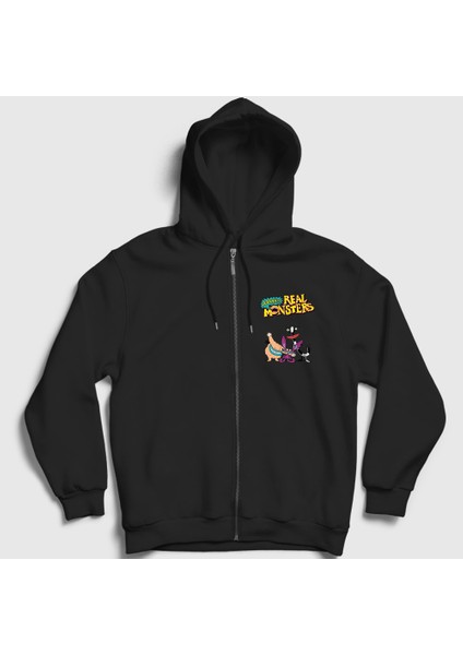 Unisex Siyah Poster Real Monsters Fermuarlı Kapüşonlu Sweatshirt