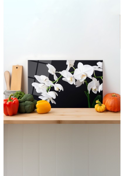 Vanilya Çiçeği Cam Kesme Tahtası, Silikon Ayaklı, Sunum Kesim Doğrama Tablası, Temperli ve Rodajlı