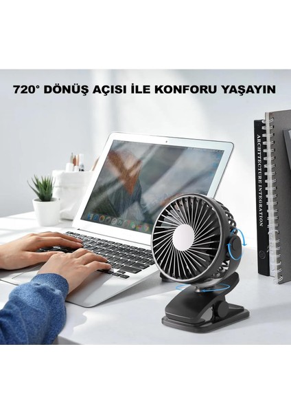 Masaüstü Şarjlı Mandallı 360° Manuel Dönen Mini Fan Vantilatör Şarjlı Klipsli Soğutucu Siyah 3 Kademe
