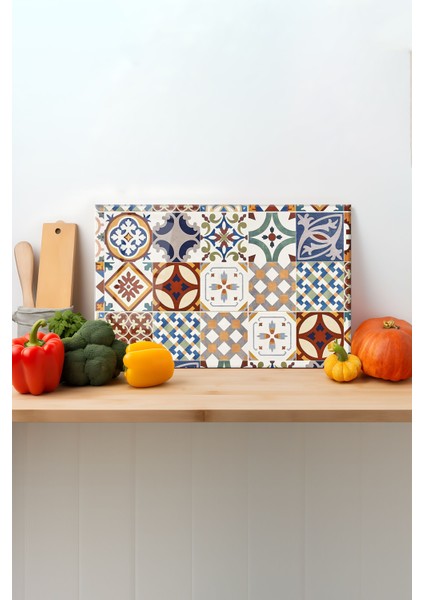 Çini Desen Cam Kesme Tahtası, Silikon Ayaklı, Sunum Kesim Doğrama Tablası, Temperli ve Rodajlı