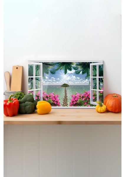 Deniz Manzaralı Cam Kesme Tahtası, Silikon Ayaklı, Sunum Kesim Doğrama Tablası, Temperli ve Rodajlı