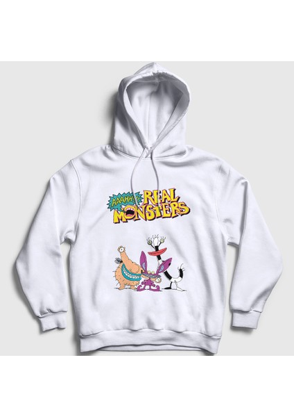 Unisex Beyaz Poster Real Monsters Kapüşonlu Sweatshirt