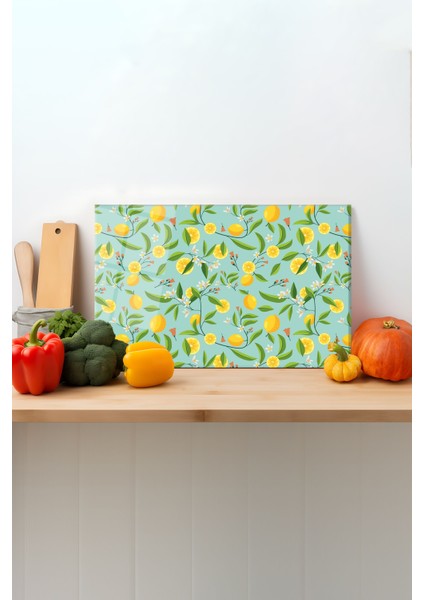 Turkuazlı Limon Cam Kesme Tahtası, Silikon Ayaklı, Sunum Kesim Doğrama Tablası, Temperli ve Rodajlı