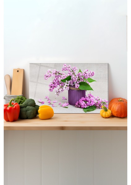 Mor Leylaklar Cam Kesme Tahtası, Silikon Ayaklı, Sunum Kesim Doğrama Tablası, Temperli ve Rodajlı