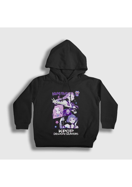 Unisex Çocuk Siyah Poster K Pop Demon Hunters Kapüşonlu Sweatshirt