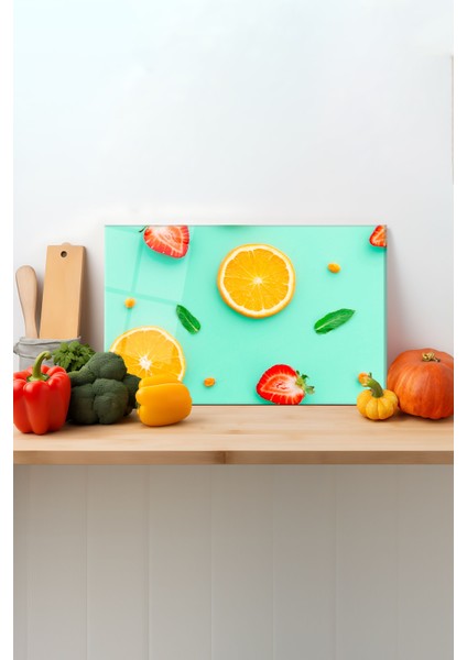 Meyve Desenli Cam Kesme Tahtası, Silikon Ayaklı, Sunum Kesim Doğrama Tablası, Temperli ve Rodajlı