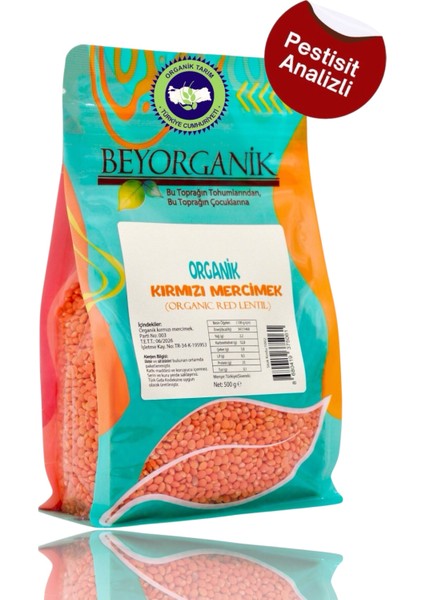 Organik Kırmızı Mercimek 500GR (Pestisit ve Aflatoksin Analizli)