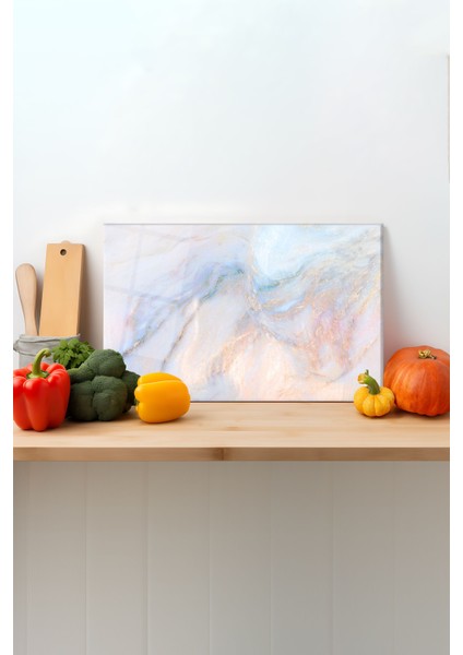 Mermer Görünümlü Cam Kesme Tahtası, Silikon Ayaklı, Sunum Kesim Doğrama Tablası, Temperli ve Rodajlı