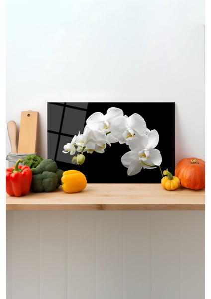 Beyaz Orkide Cam Kesme Tahtası, Silikon Ayaklı, Sunum Kesim Doğrama Tablası, Temperli ve Rodajlı