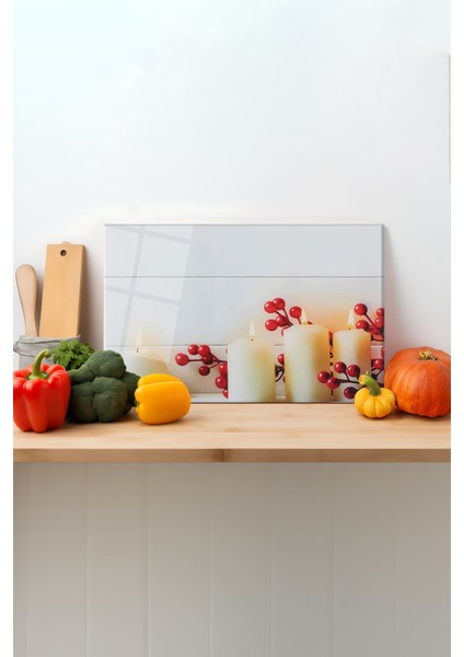 Beyaz Mum Desen Cam Kesme Tahtası, Silikon Ayaklı, Sunum Kesim Doğrama Tablası, Temperli ve Rodajlı