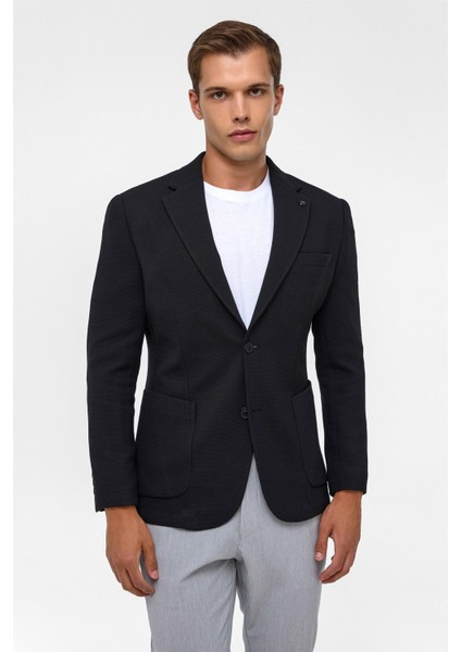 Siyah Slim Fit Desenli Mono Yaka 6 Drop Ceket