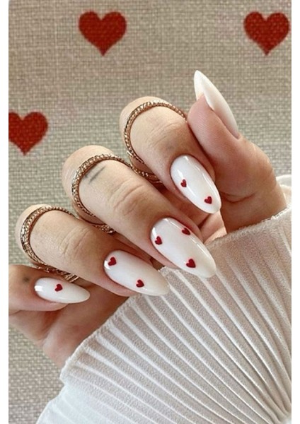 24'lü Kırmızı Mini Kalp Desenli Kemik Rengi Uzun Badem Takma Tırnak Seti fiyatları