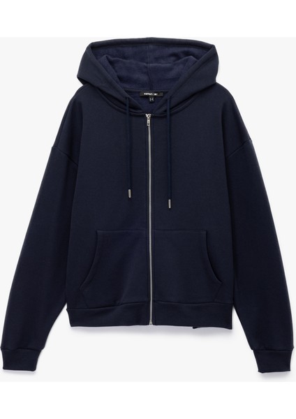 Fermuarlı Kapüşonlu Kanguru Cepli Uzun Kollu Şardonlu Oversize Spor Sweatshirt