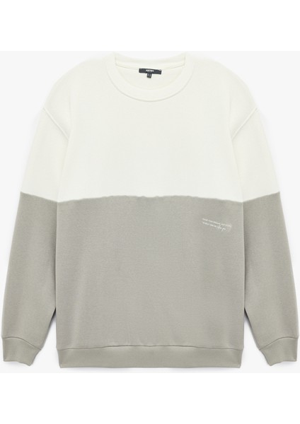 Oversize Uzun Kollu Renk Bloklu Baskı Detaylı Bisiklet Yaka Sweatshirt