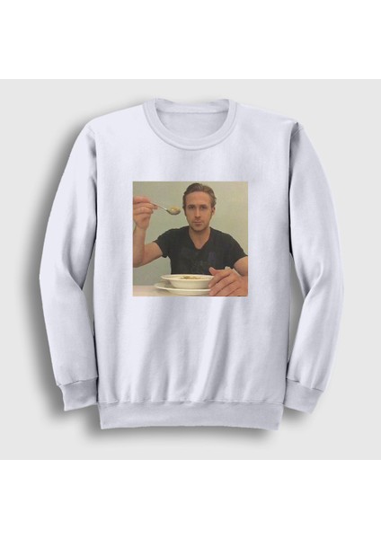 Unisex Beyaz Ryan Gosling Eats Cereal Sweatshirt