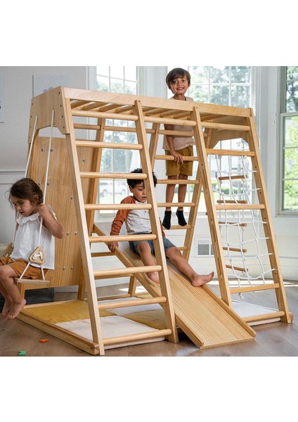 Montessori 3'lü Oyun Parkuru | Salıncak | Kaydırak | Monkeys Bar | Halat Merdiven | Ip Tırmanma