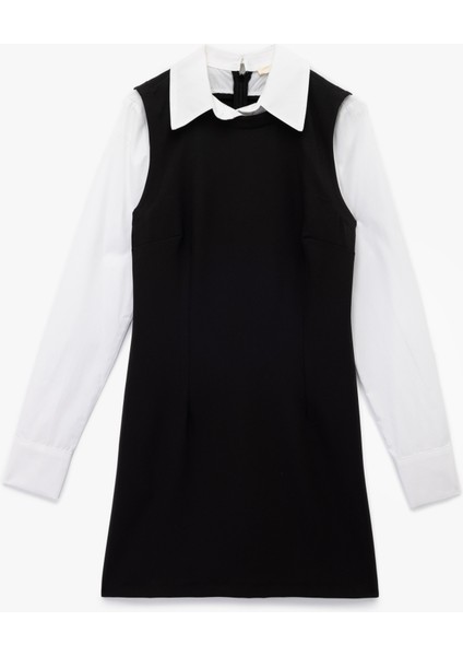 Slim Fit Kontrast Detaylı Uzun Kollu Gömlek Yaka Jile Elbise