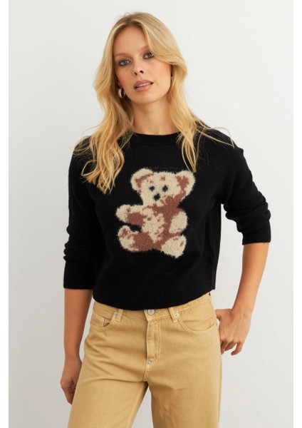 Kadın Siyah Ayıcıklı Kazak MKED7429 modelleri