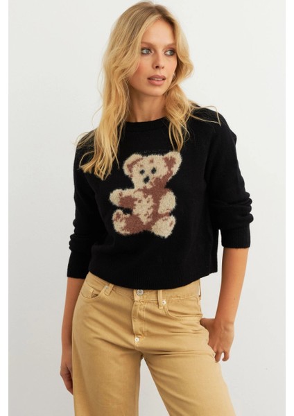 Kadın Siyah Ayıcıklı Kazak MKED7429 fırsatları