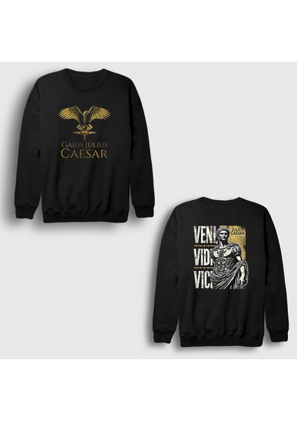 Unisex Siyah Veni Vidi Vici Julius Caesar Sırt Baskılı Sweatshirt