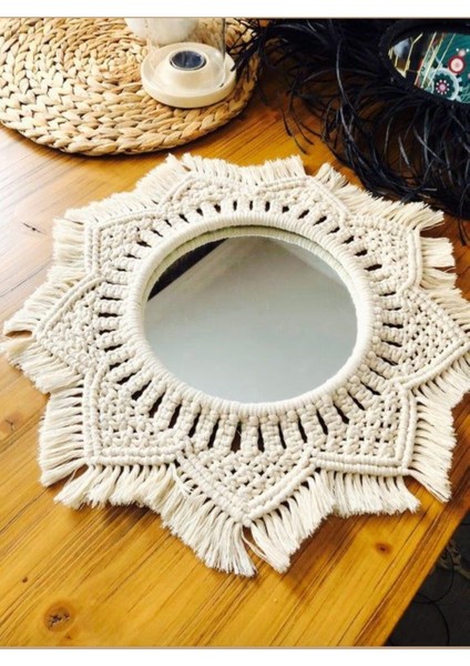 Hand Made Makrome Ayna Yıldız Model Büyük Duvar Süsü Ayna